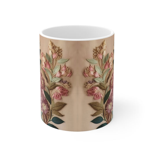 Vintage 'Embroidered Look' Floral Bouquet Design on Ceramic Mug 11oz