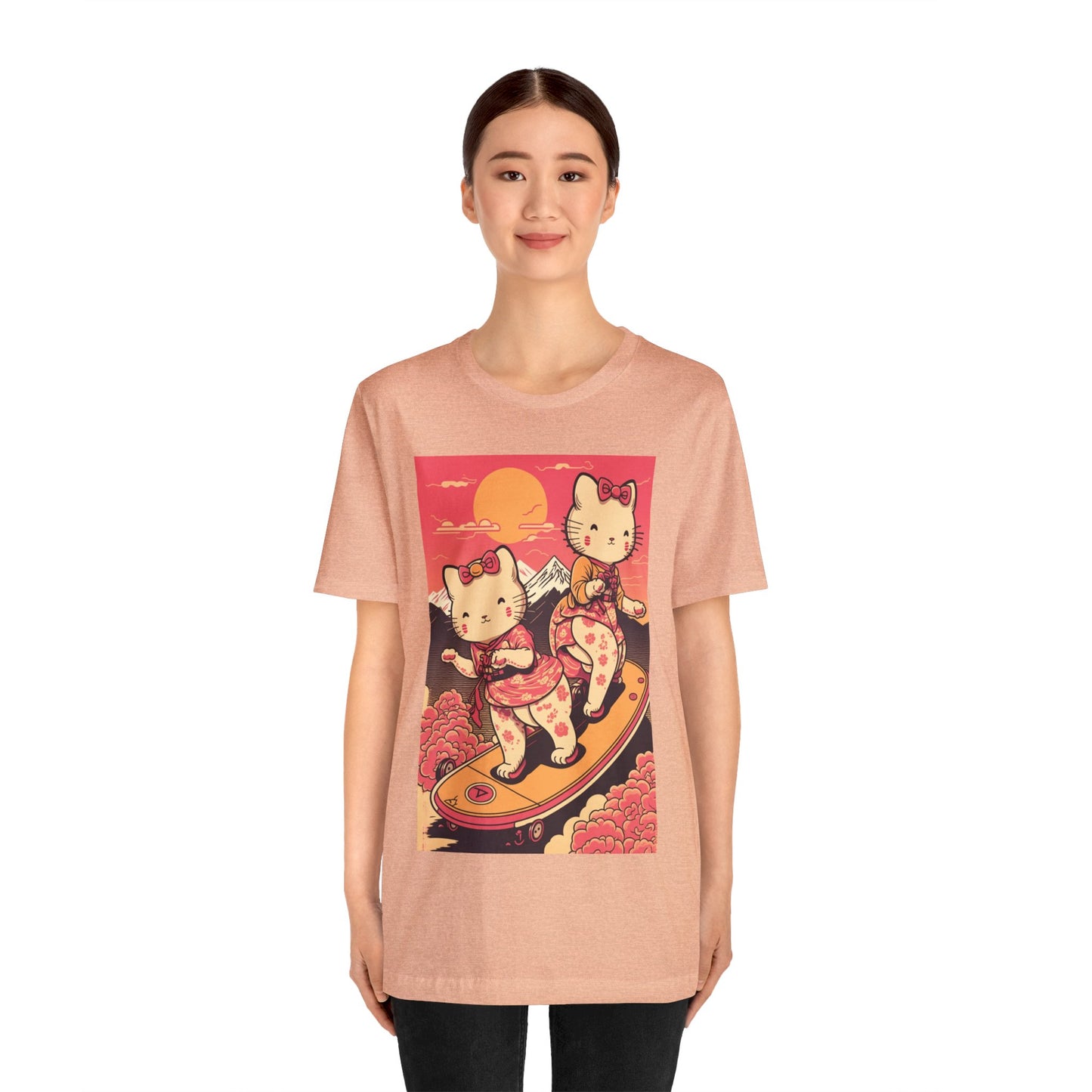 Cute Japanese Anime Kittens/Cats Skating by Mount Fuji | Ukiyo-E Style | Various Sizes Unisex Cotton Jersey Short Sleeve for Cat Lovers
