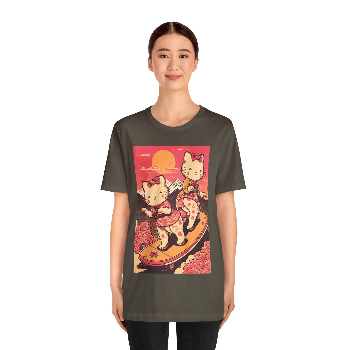 Cute Japanese Anime Kittens/Cats Skating by Mount Fuji | Ukiyo-E Style | Various Sizes Unisex Cotton Jersey Short Sleeve for Cat Lovers