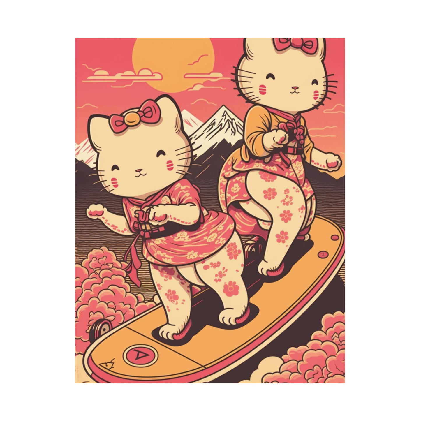Cute Japanese Cats Wearing Kimonos on Skateboards Wall Art Poster Ukiyo-E Style on Premium Museum Quality Matte Print - Various Sizes