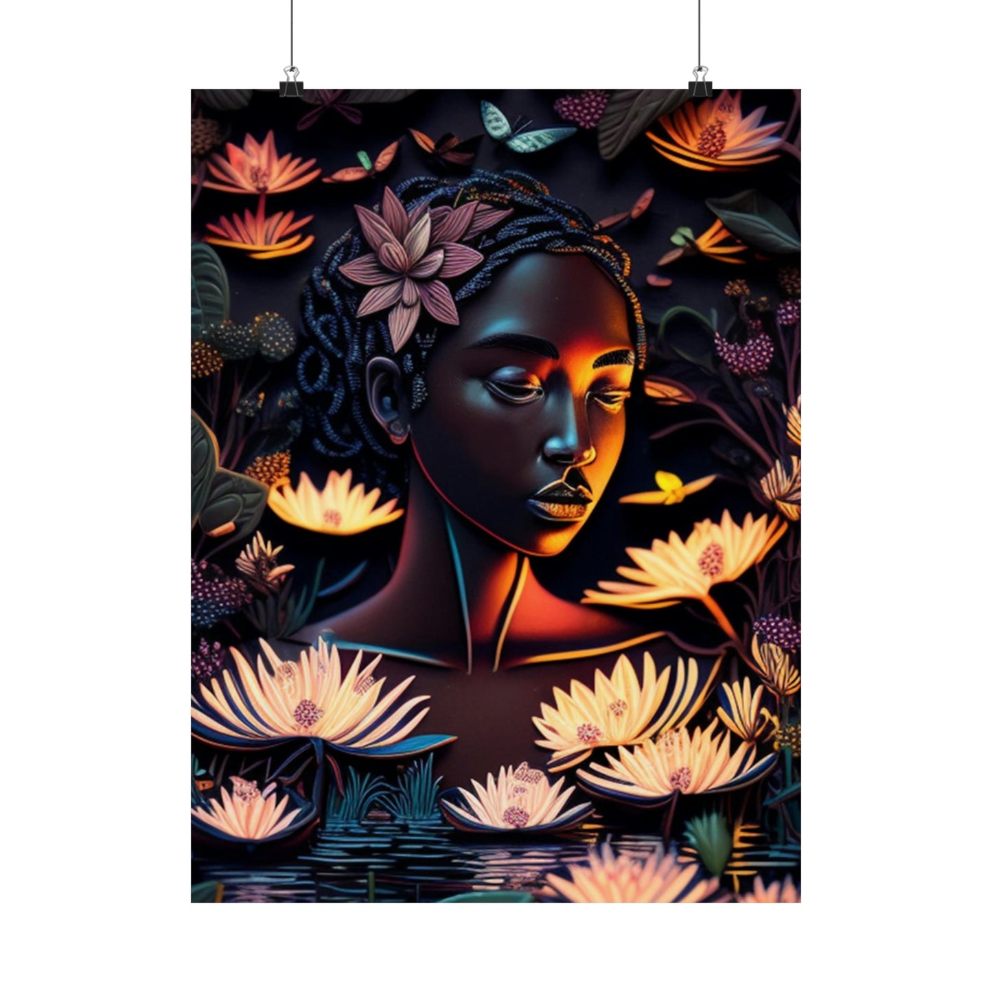 Beautiful Black Woman Meditating by Moonlit with Water and water lilies Wall Art, Art Poster,  Gift For Black Power Women
