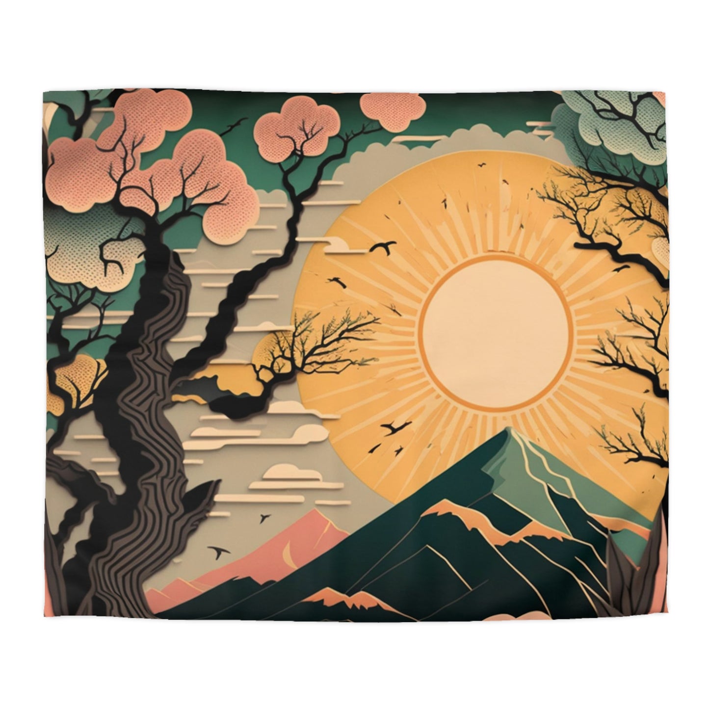 Boho Sun Rising in Spring Mount Fuji During Spring | Duvet Cover | Ukiyo-E Style | Harajuku | Gifts For Yourself