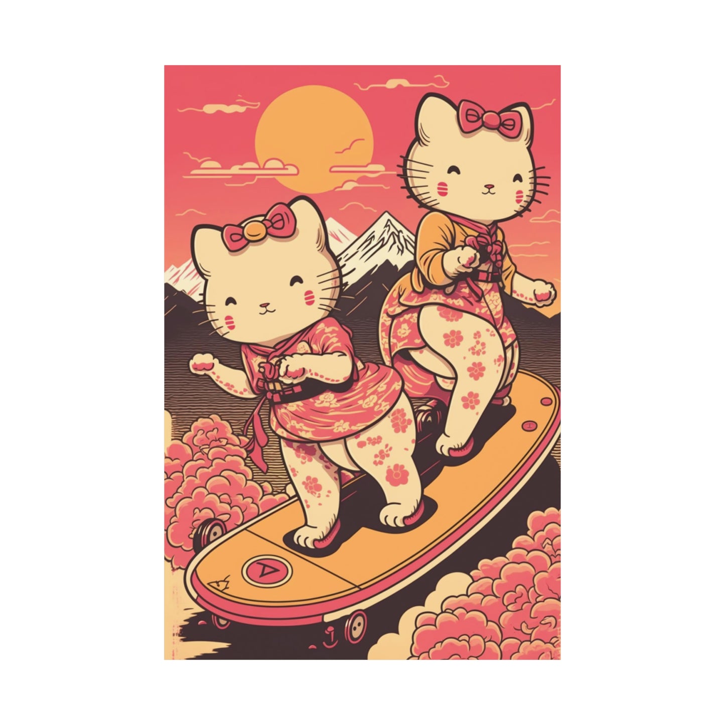 Cute Japanese Cats Wearing Kimonos on Skateboards Wall Art Poster Ukiyo-E Style on Premium Museum Quality Matte Print - Various Sizes