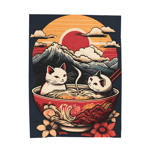 Cute Japanese Kittens/Cats Bathing in a bowl of Ramen Udon Noodles | Ukiyo-E Style | Harajuku | Velveteen Plush Blanket - Gifts For Mom
