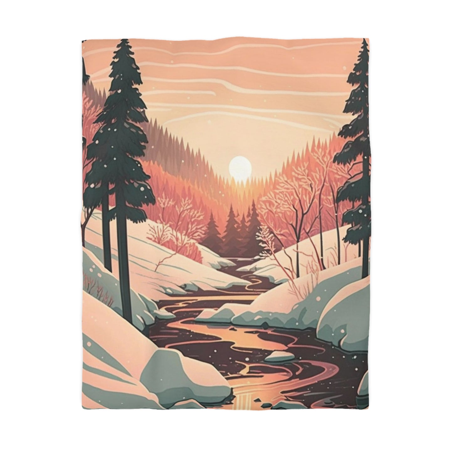 Boho Geometric Illustration of Sun Setting in Forest During Winter | Duvet Cover | Ukiyo-E Style | Harajuku | Gifts For Yourself