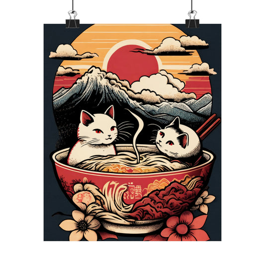 Cute Japanese Kittens/Cats Bathing in a bowl of Ramen Udon Noodles Wall Art Poster Ukiyo-E Style - Various Sizes