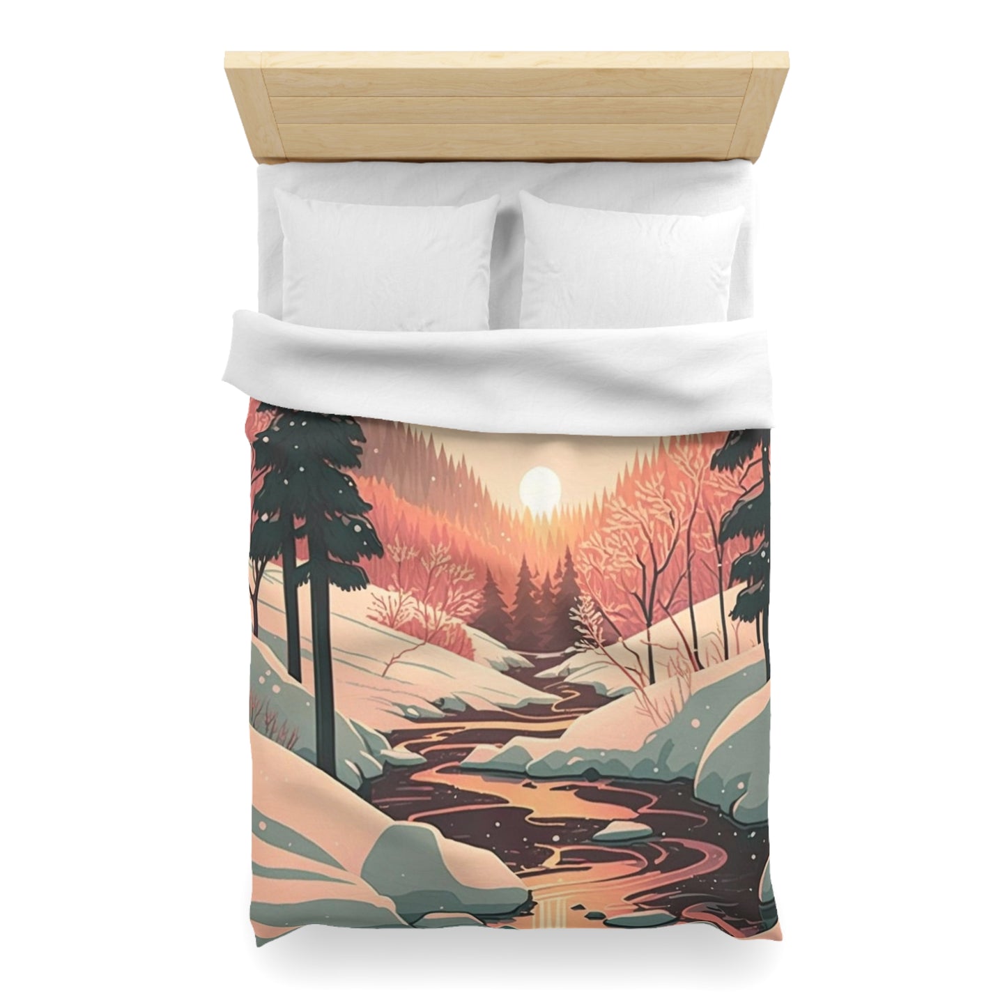 Boho Geometric Illustration of Sun Setting in Forest During Winter | Duvet Cover | Ukiyo-E Style | Harajuku | Gifts For Yourself