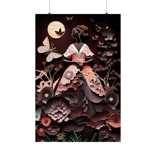 Stunningly Beautiful Black Woman Meditating by Moonlit with Florals Wall Art, Art Poster,  Paper Art, Gift For Black Power Women