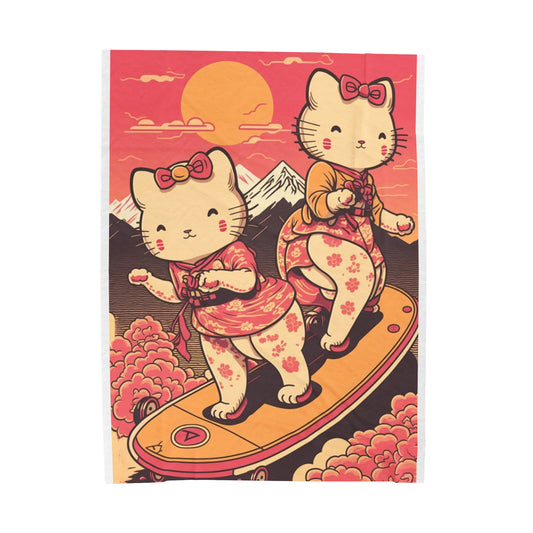 Japanese Anime Cute Kitties/Cats Skateboarding by Mount Fuji | Harajuku | Velveteen Plush Blanket - 3 sizes - Best Gifts for Mother, Bestie