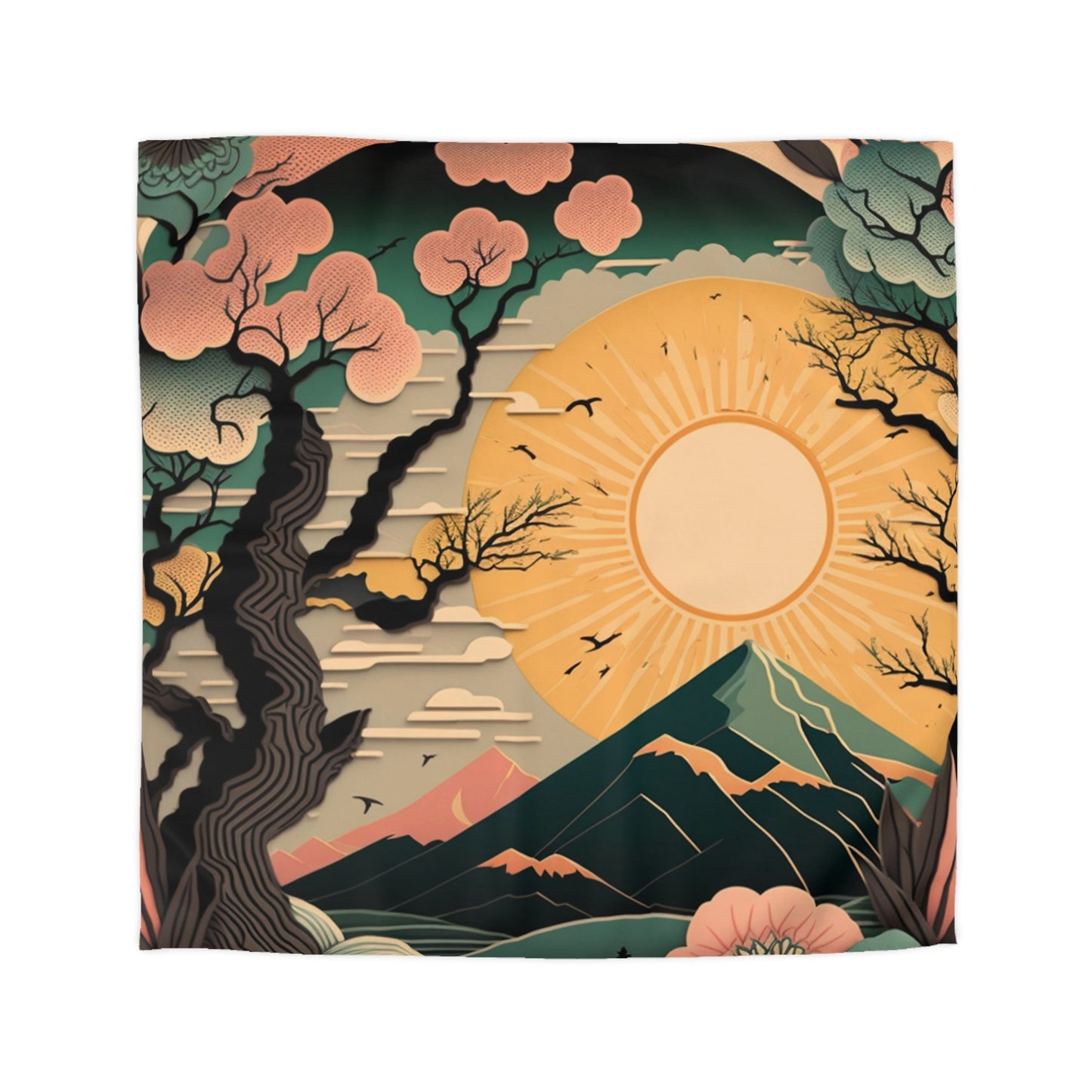 Boho Sun Rising in Spring Mount Fuji During Spring | Duvet Cover | Ukiyo-E Style | Harajuku | Gifts For Yourself