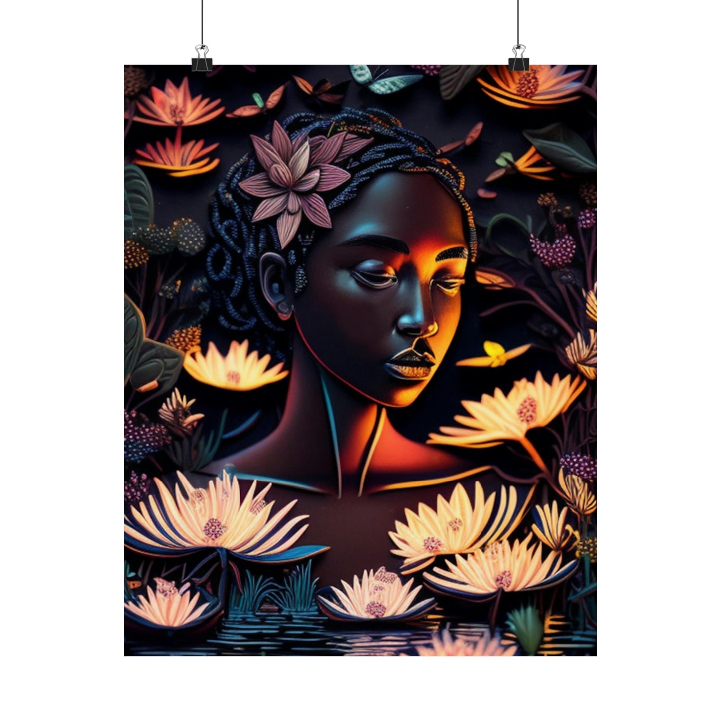 Beautiful Black Woman Meditating by Moonlit with Water and water lilies Wall Art, Art Poster,  Gift For Black Power Women